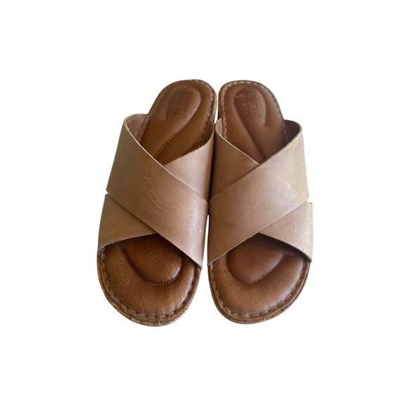 Born Womens Leather Wedge Sandals SLides Size 9/40.5 MW Tan - Picture 1 of 6